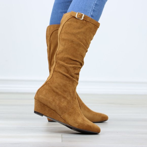 Tan Faux Suede Round Toe Low Kitten Wedge Heel Mid Calf Boots - Picture 5 of 12